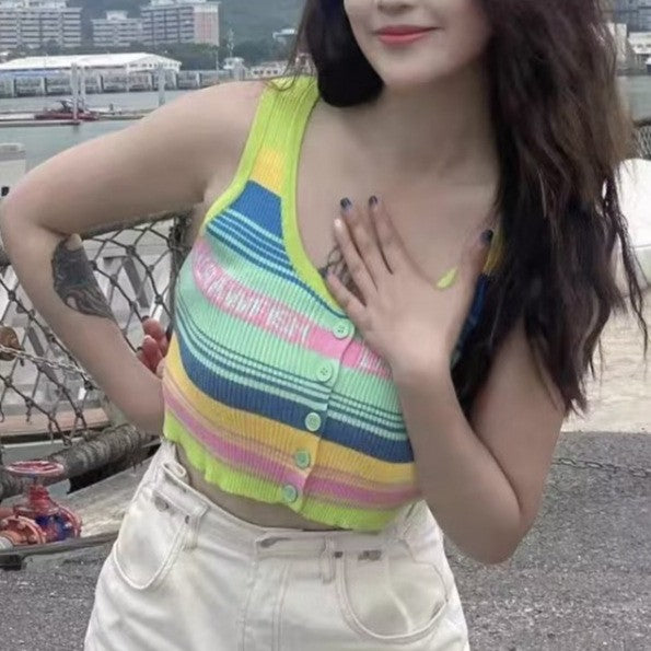 Women Striped Round Neck Tank Crop Top
