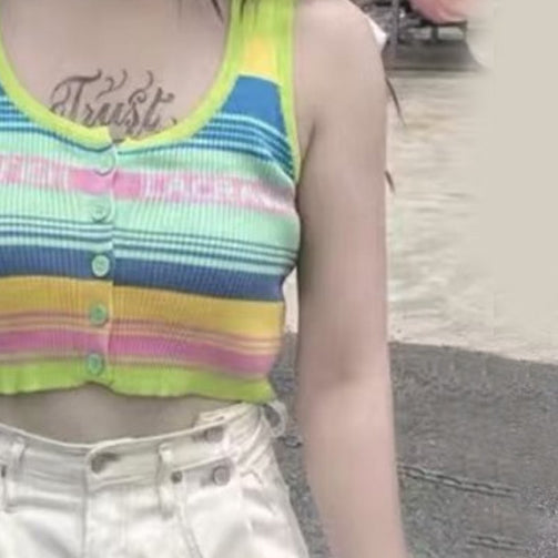 Women Striped Round Neck Tank Crop Top