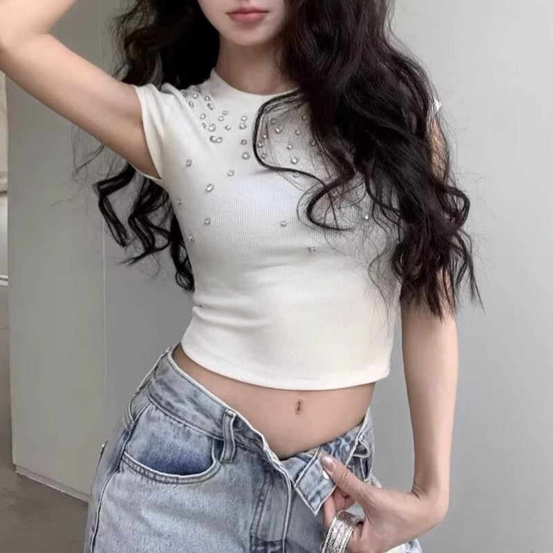 Women Embellished Round Neck Cape Sleeves Crop Top