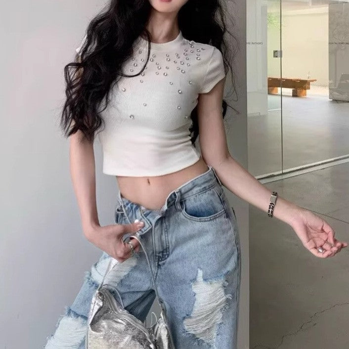 Women Embellished Round Neck Cape Sleeves Crop Top