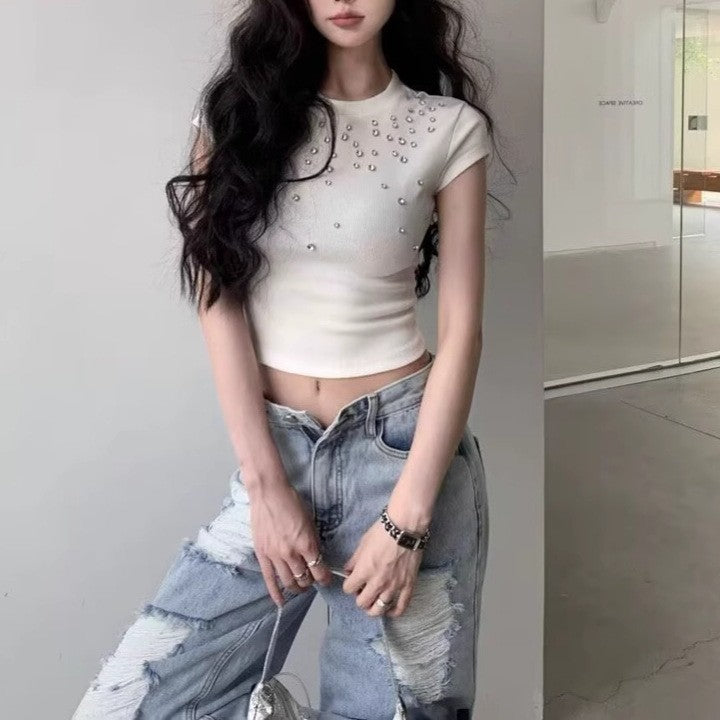Women Embellished Round Neck Cape Sleeves Crop Top
