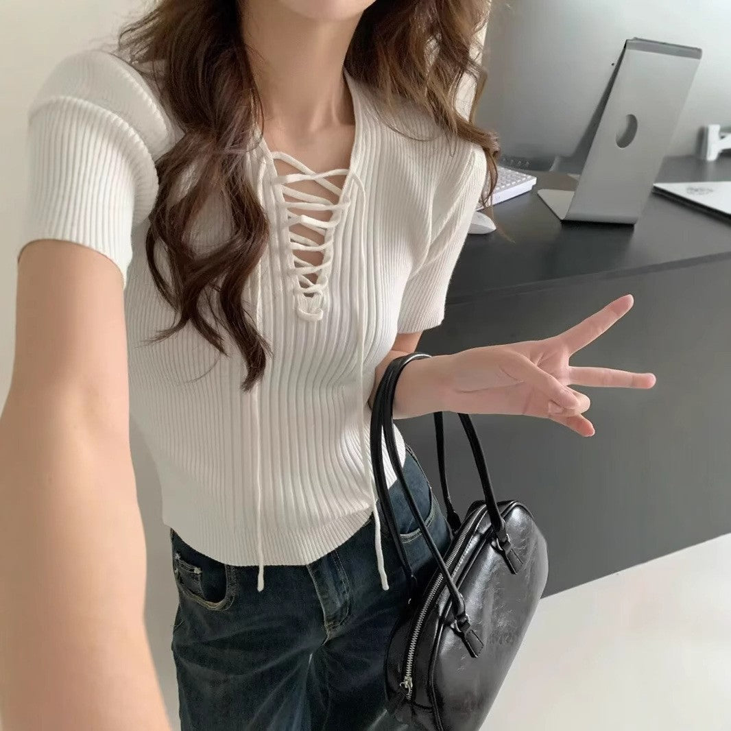 Solid Ribbed Tie-Up Neck Regular Top