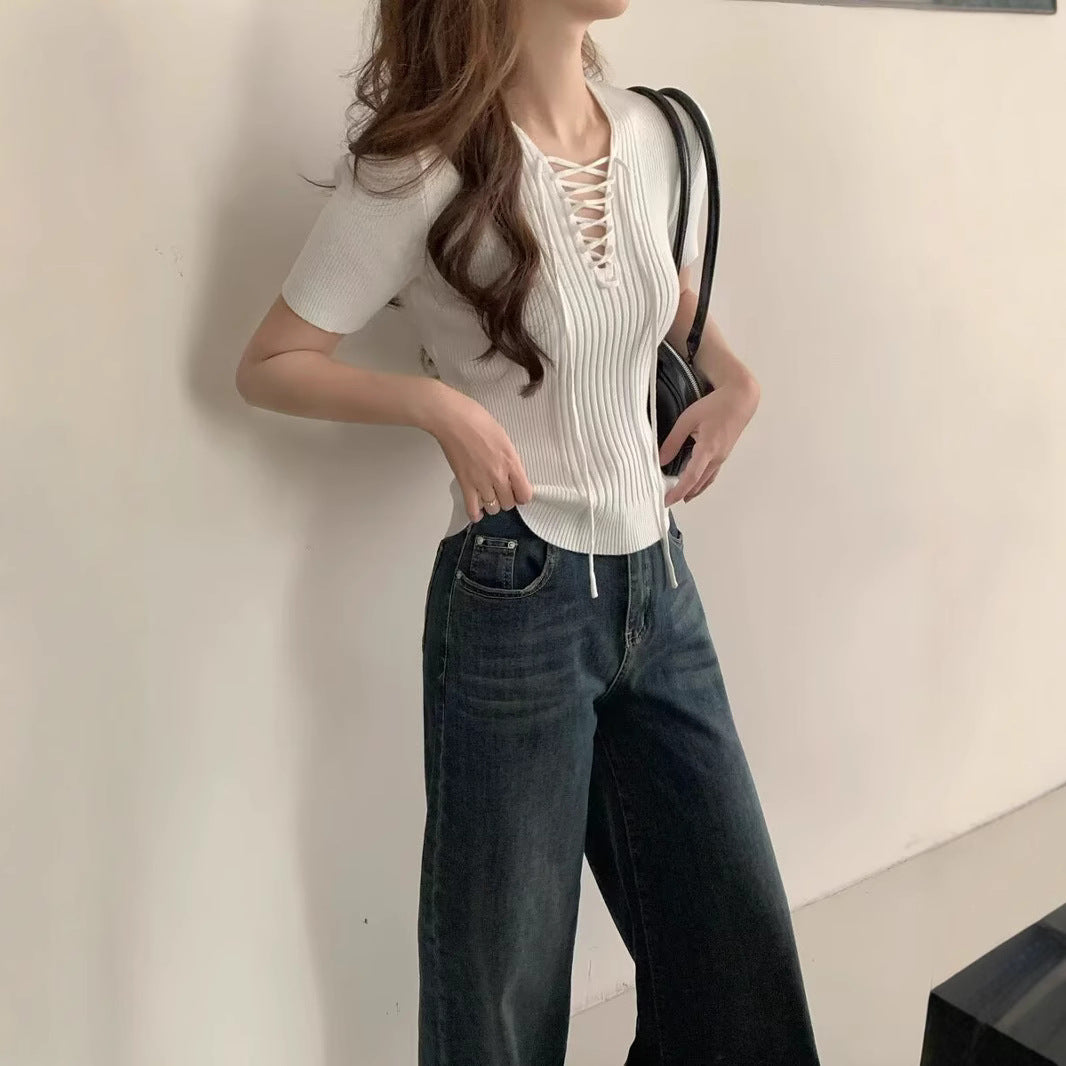 Solid Ribbed Tie-Up Neck Regular Top