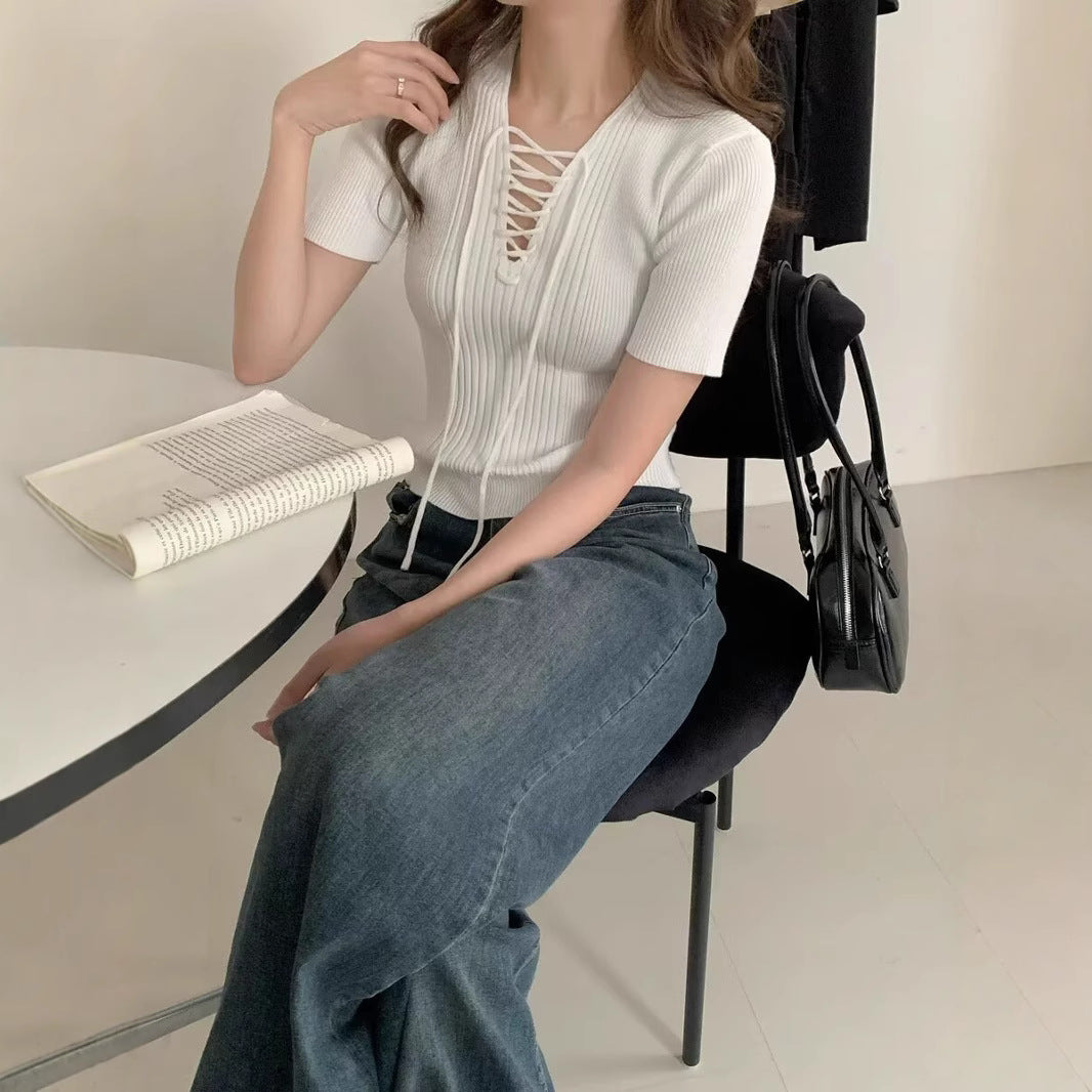 Solid Ribbed Tie-Up Neck Regular Top