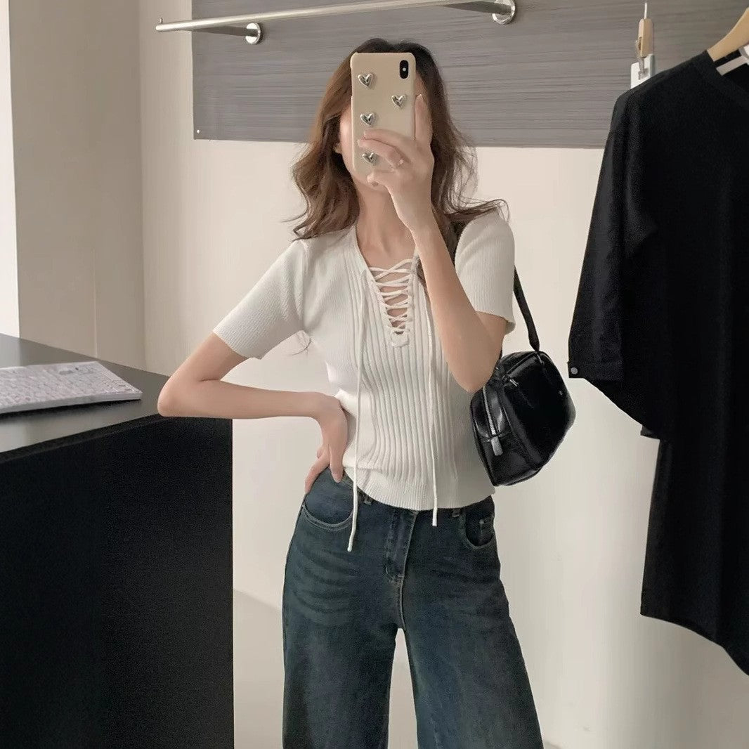 Solid Ribbed Tie-Up Neck Regular Top