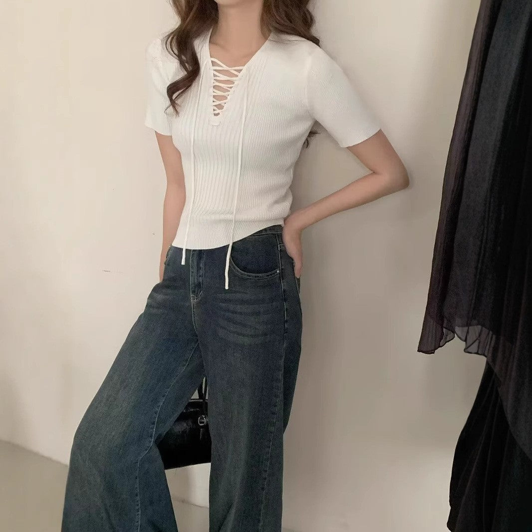 Solid Ribbed Tie-Up Neck Regular Top