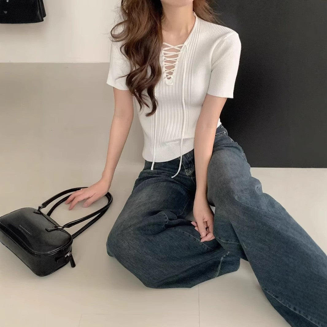 Solid Ribbed Tie-Up Neck Regular Top
