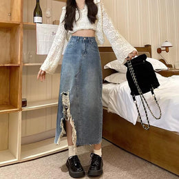 Women Distressed A-Line Midi Skirt