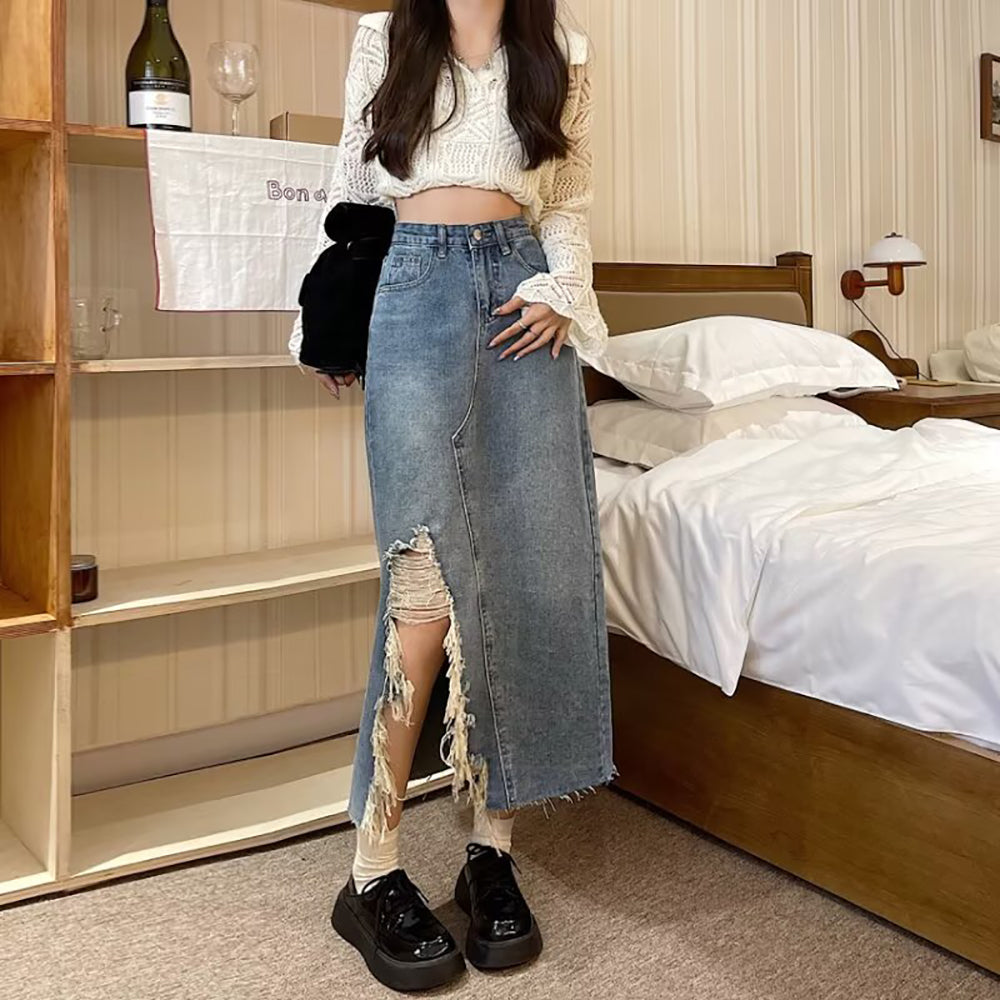 Women Distressed A-Line Midi Skirt