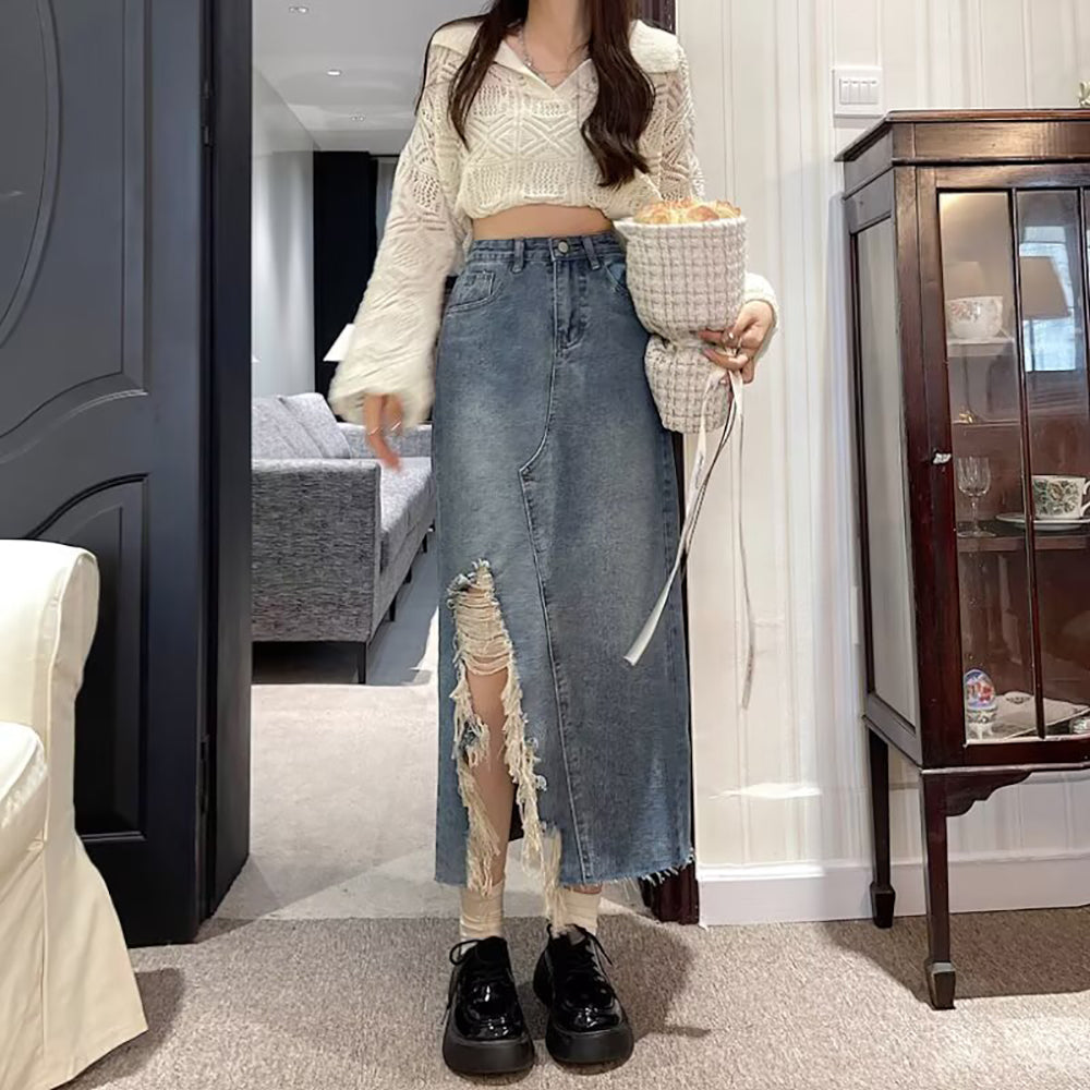 Women Distressed A-Line Midi Skirt