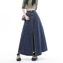 Denim Front-Slit Flared Maxi Skirt