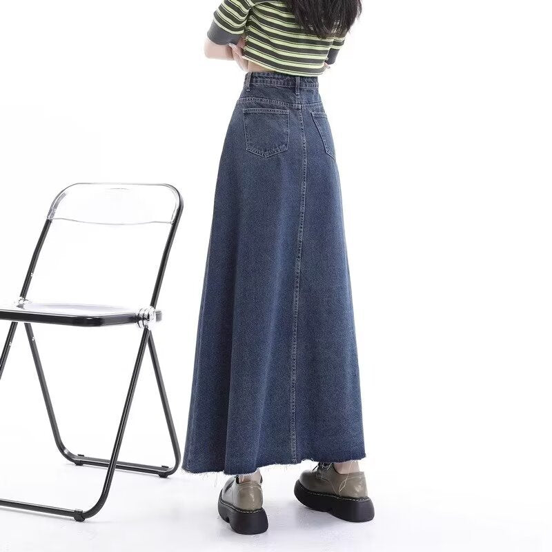Denim Front-Slit Flared Maxi Skirt
