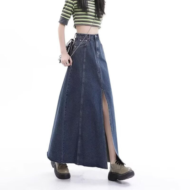 Denim Front-Slit Flared Maxi Skirt