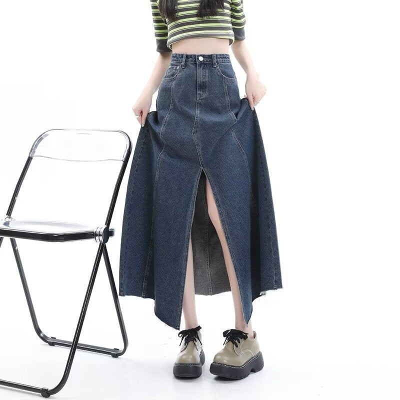 Denim Front-Slit Flared Maxi Skirt