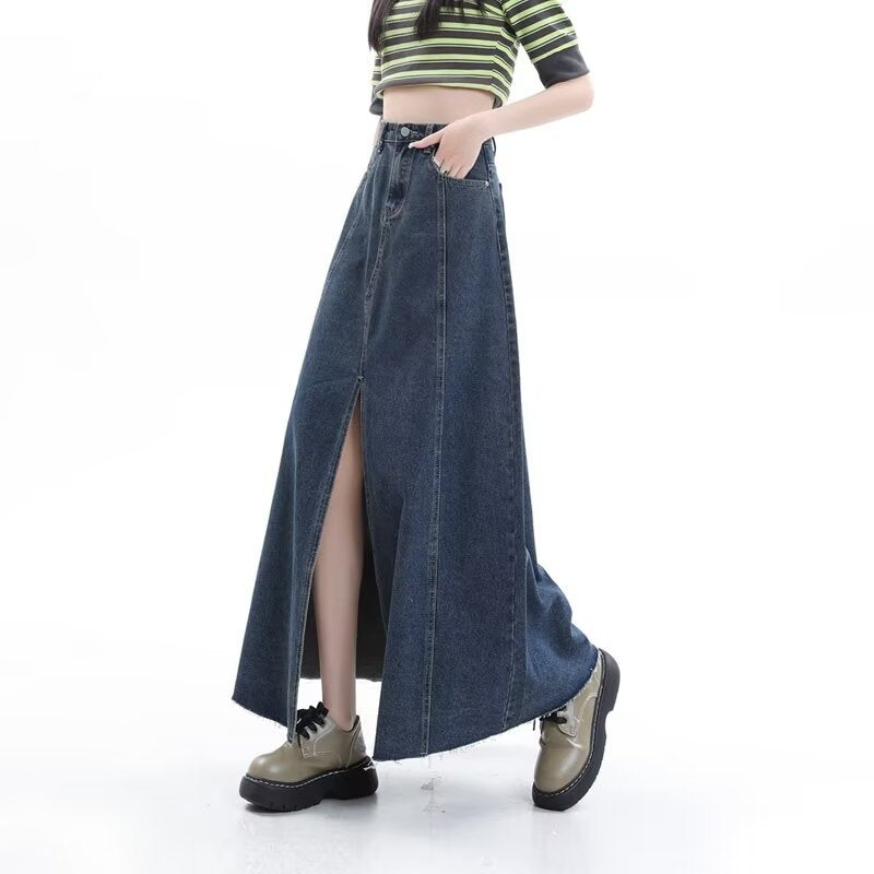 Denim Front-Slit Flared Maxi Skirt