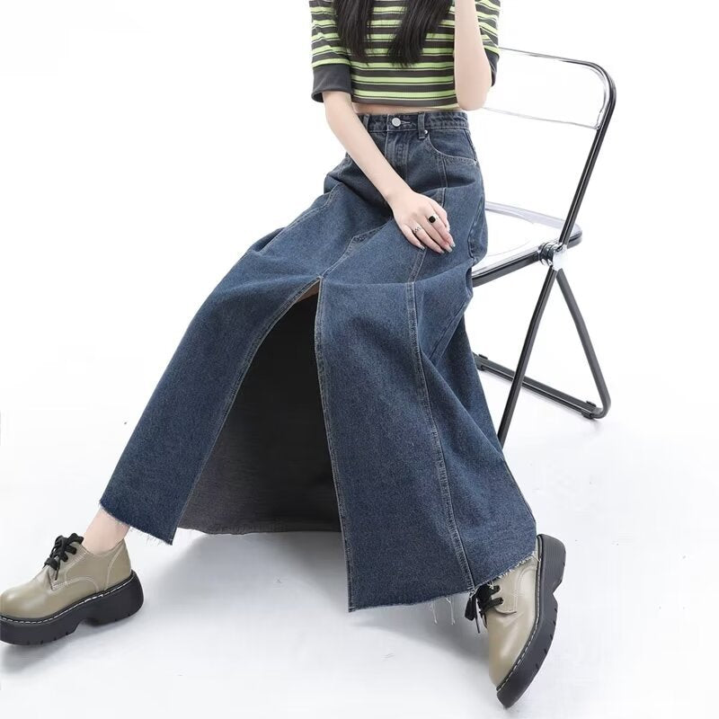 Denim Front-Slit Flared Maxi Skirt