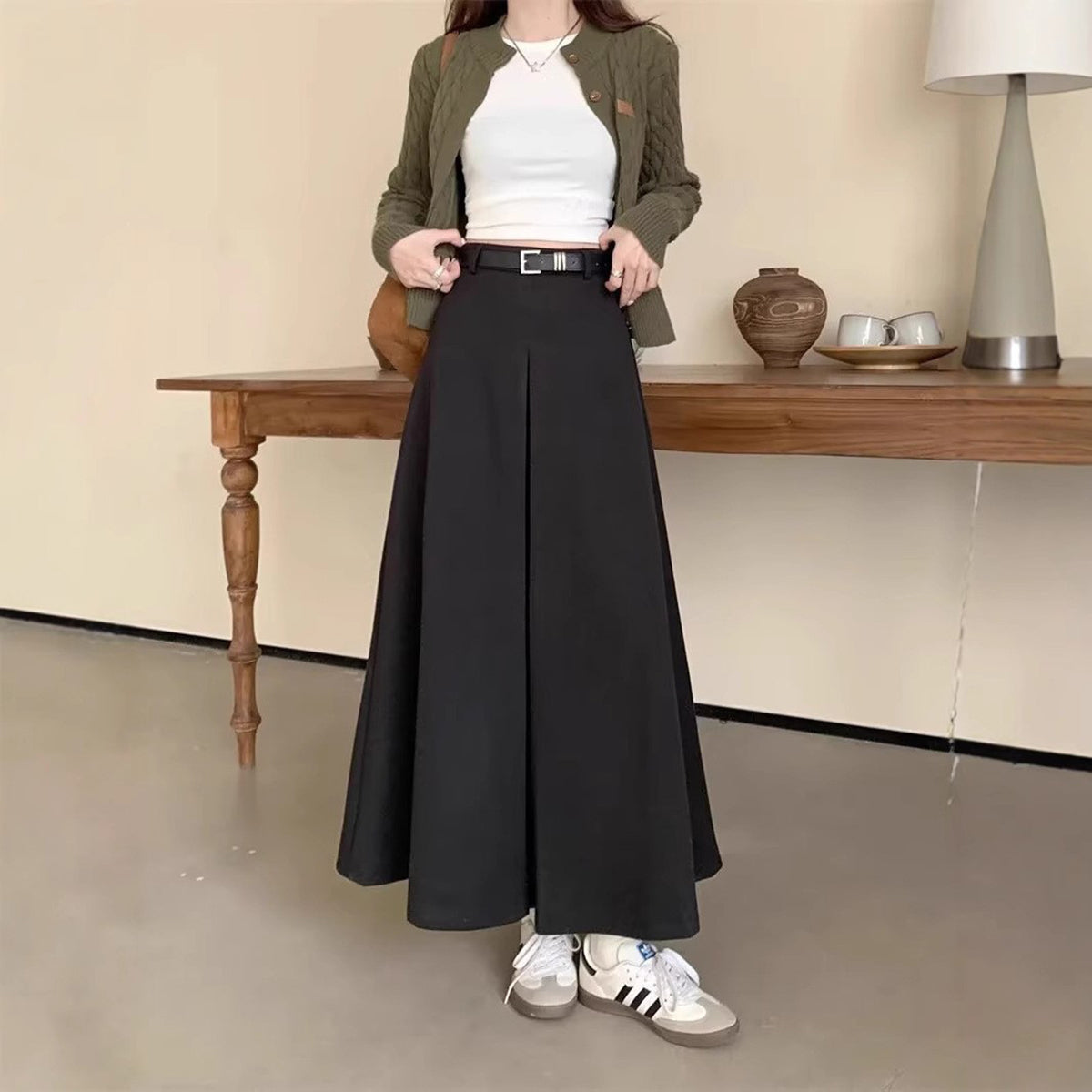 Women Pleated Flared Maxi Skirt