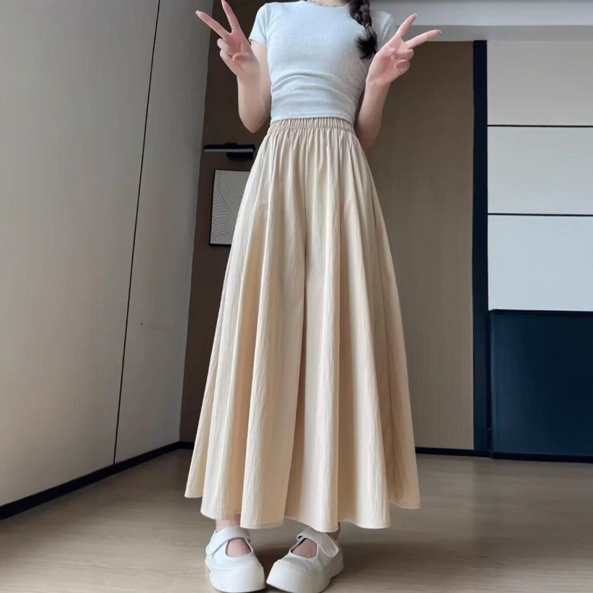 Women Loose Fit Easy Wash Pleated Culottes Trousers