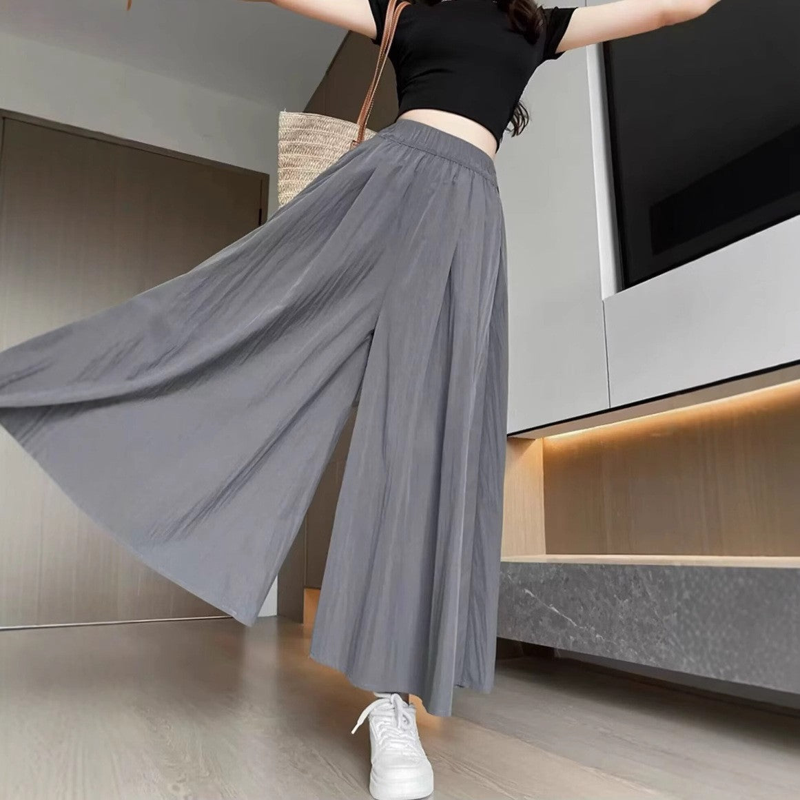 Women Loose Fit Easy Wash Pleated Culottes Trousers