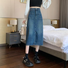 Denim Front-Slit Straight Midi Skirt