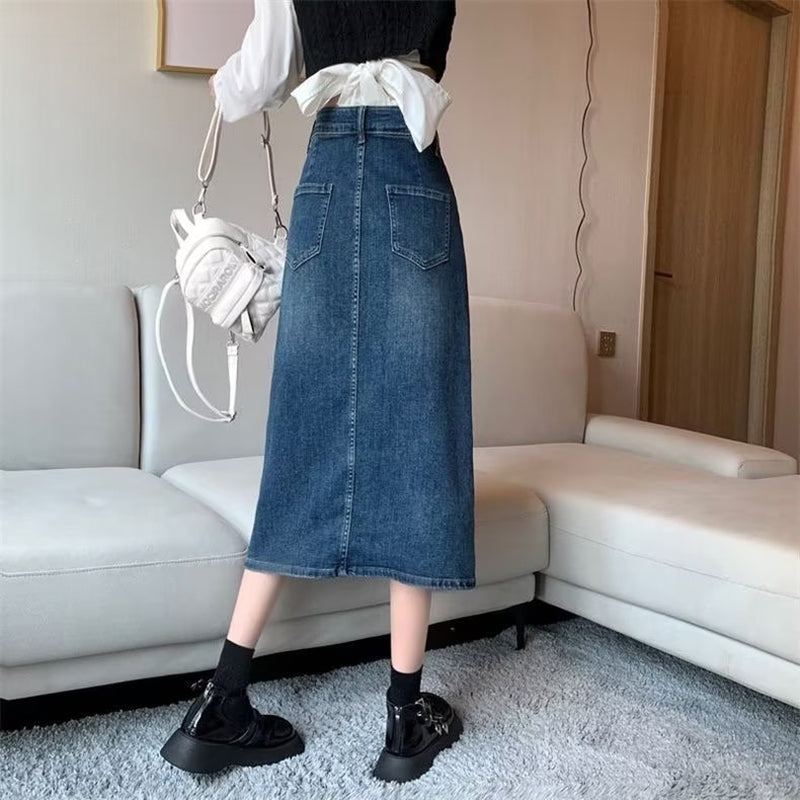 Denim Front-Slit Straight Midi Skirt
