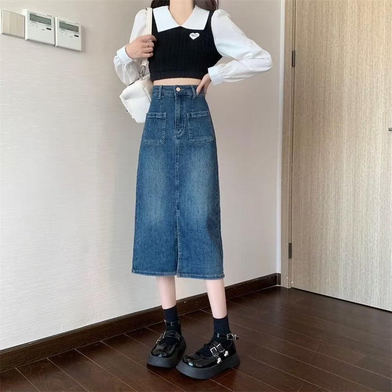 Denim Front-Slit Straight Midi Skirt