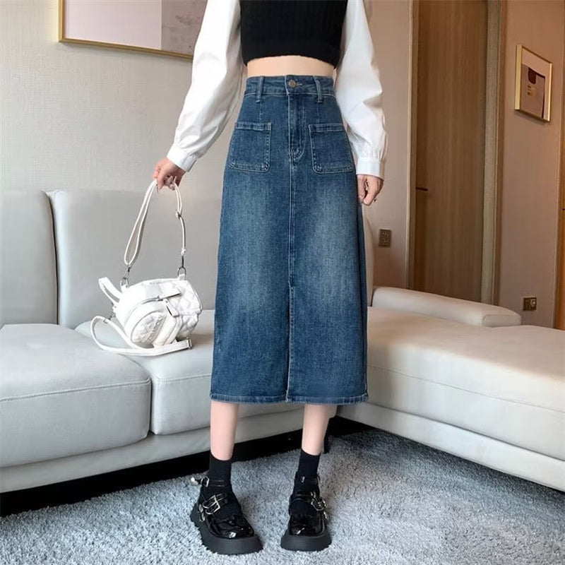 Denim Front-Slit Straight Midi Skirt