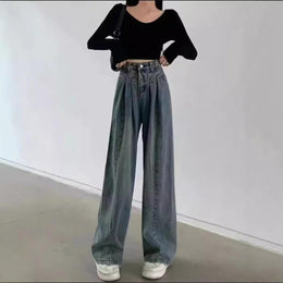 Women High-Rise Pleated Baggy Light Fade Jeans