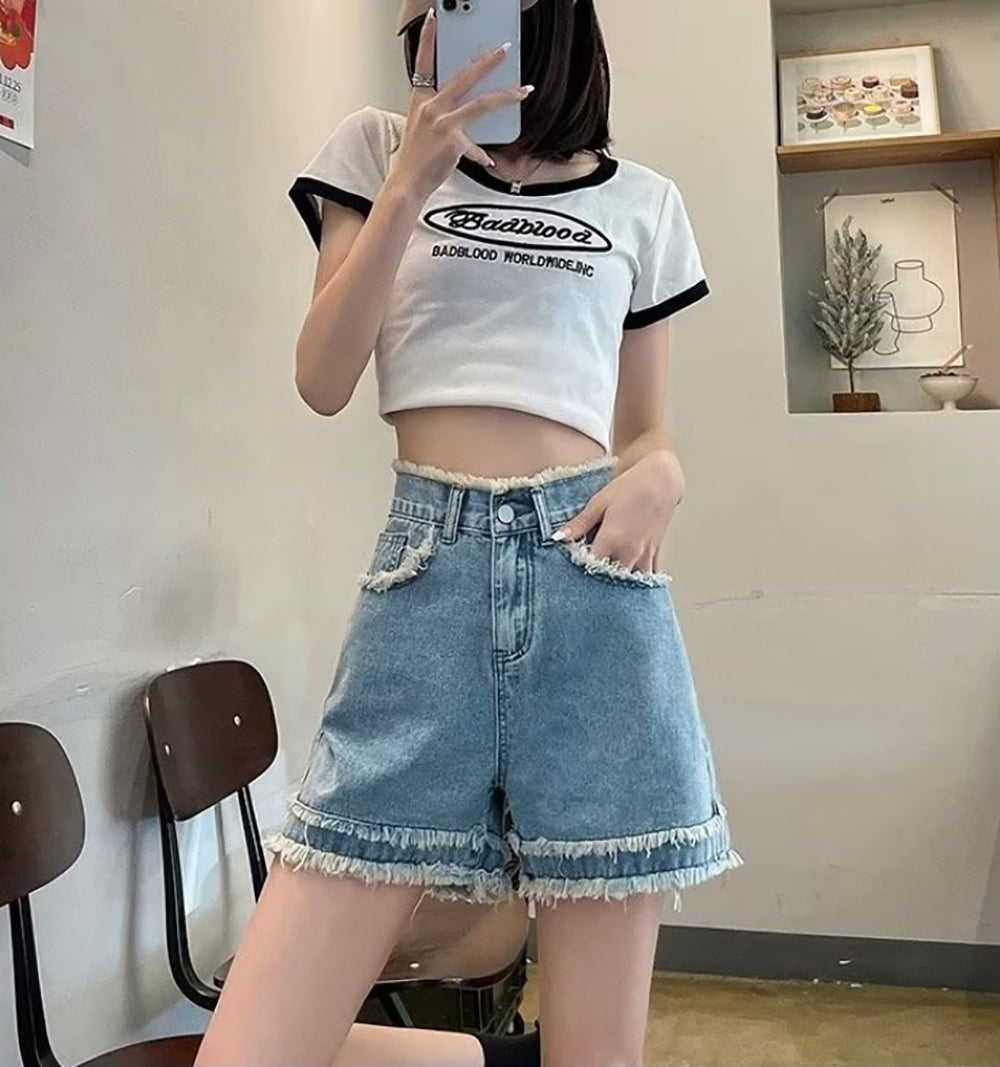 Solid Mid-Rise Denim Shorts