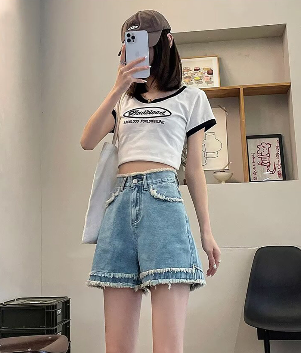 Solid Mid-Rise Denim Shorts