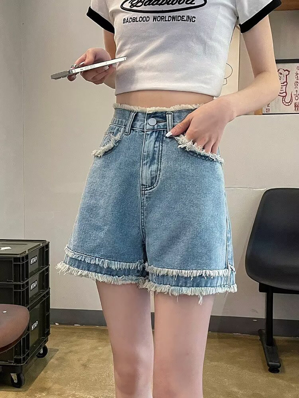 Solid Mid-Rise Denim Shorts