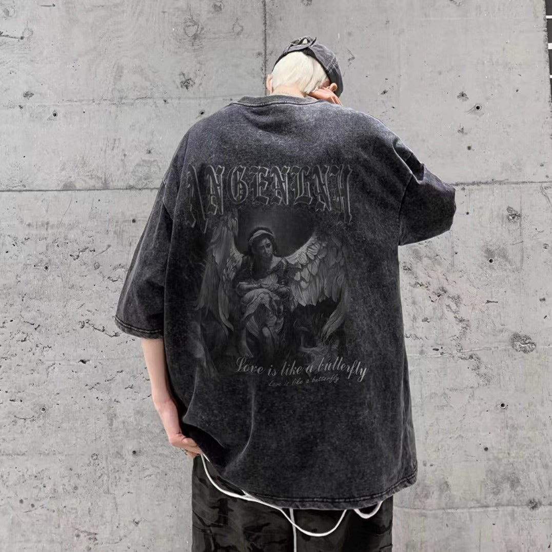 Typography Printed Drop-Shoulder Sleeves Oversized Cotton T-shirt