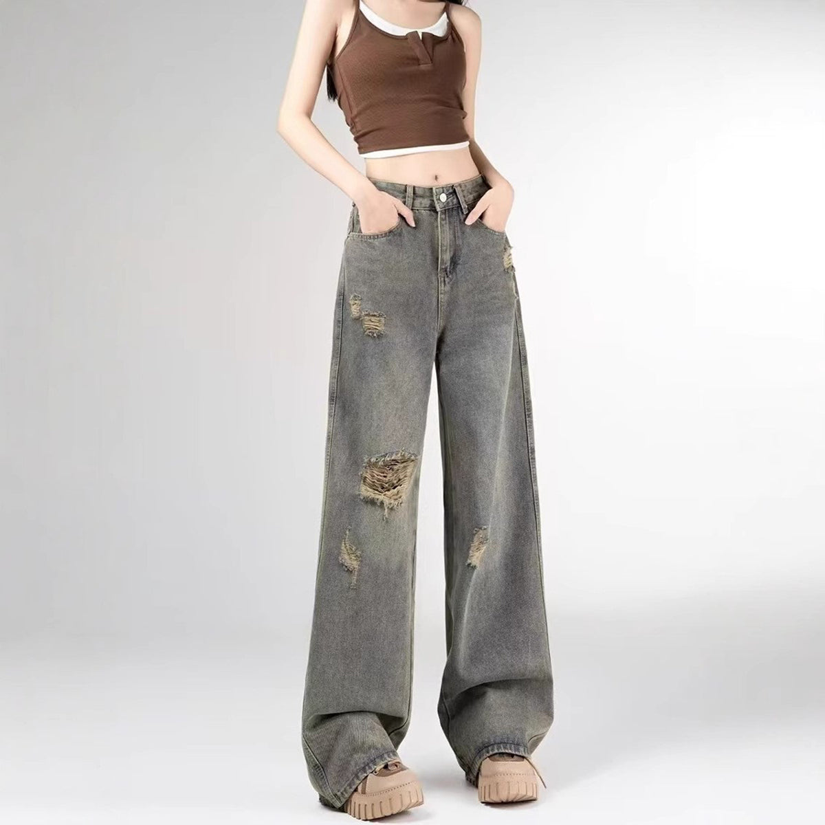 Women Straight Fit Highly Distressed Light Fade Jeans