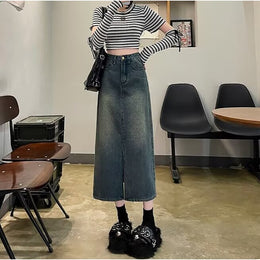 Denim Front-Slit Straight Midi Skirt