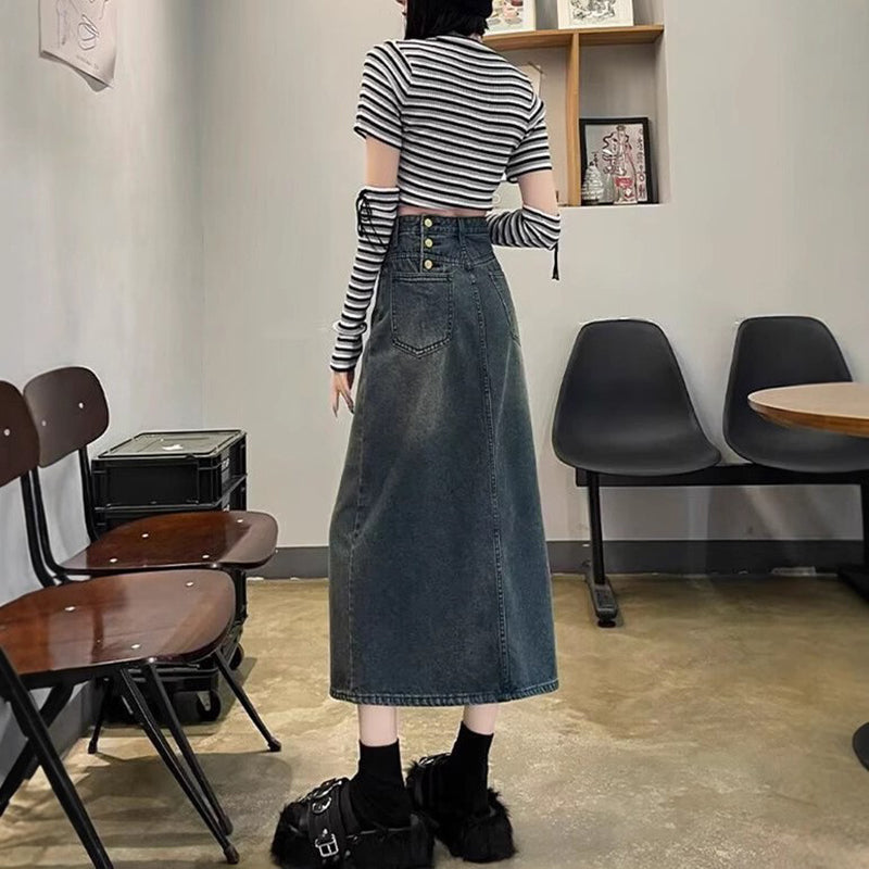 Denim Front-Slit Straight Midi Skirt