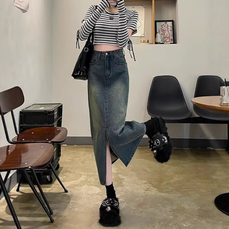 Denim Front-Slit Straight Midi Skirt