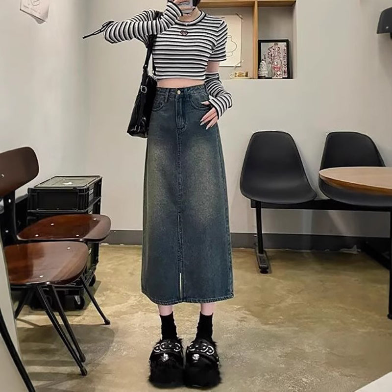 Denim Front-Slit Straight Midi Skirt