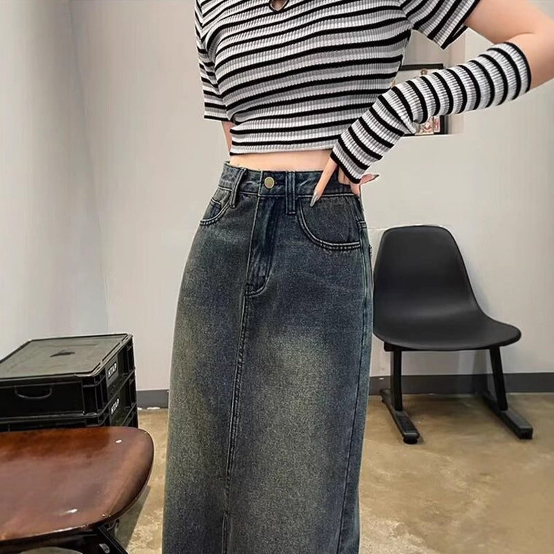 Denim Front-Slit Straight Midi Skirt