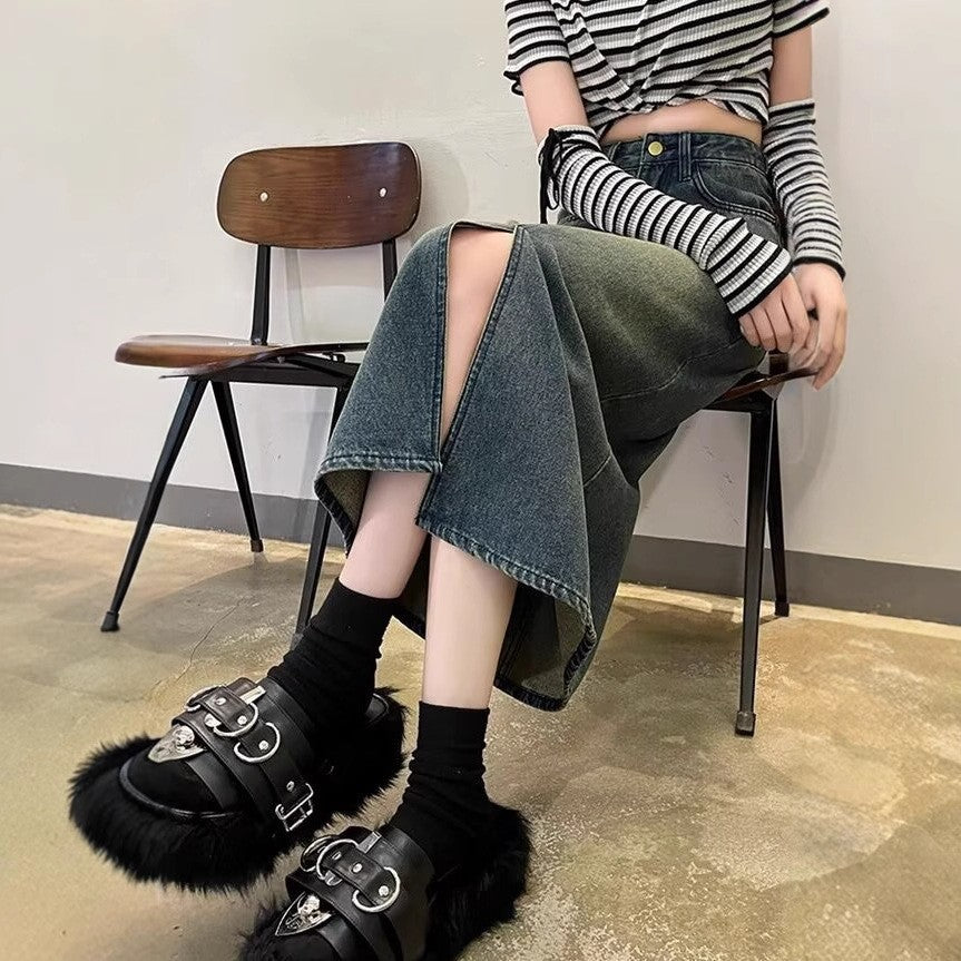 Denim Front-Slit Straight Midi Skirt