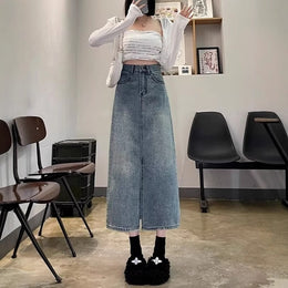 Denim Front-Slit Straight Midi Skirt
