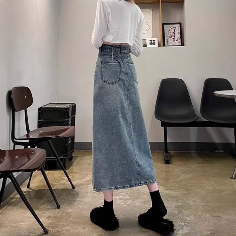 Denim Front-Slit Straight Midi Skirt