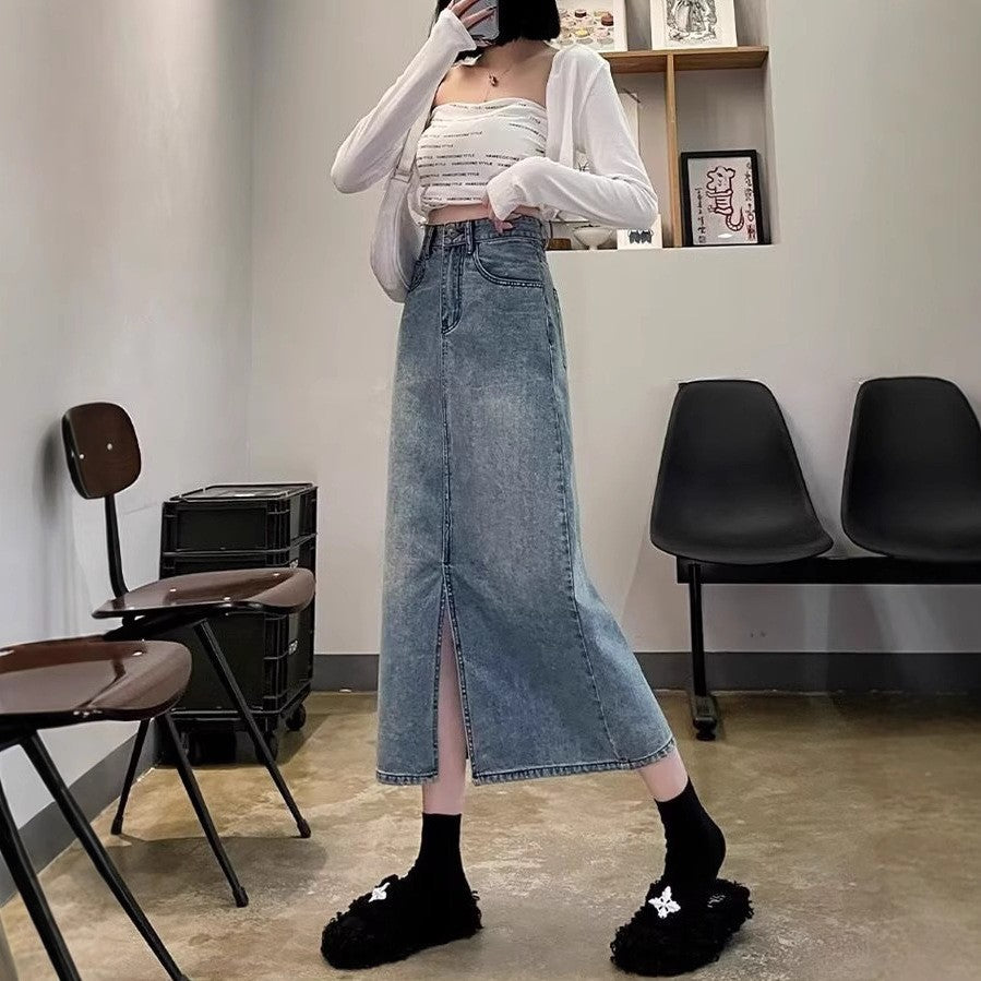 Denim Front-Slit Straight Midi Skirt