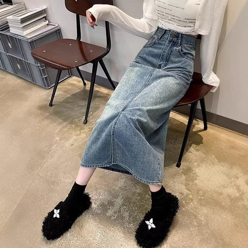 Denim Front-Slit Straight Midi Skirt