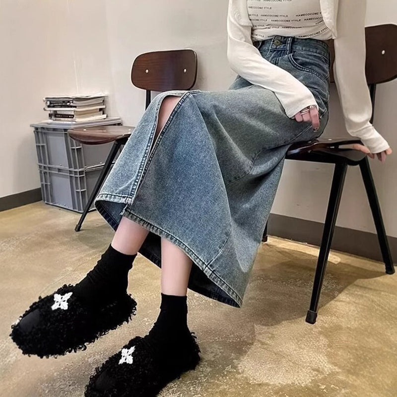Denim Front-Slit Straight Midi Skirt