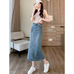 Women Denim Straight Midi Skirts