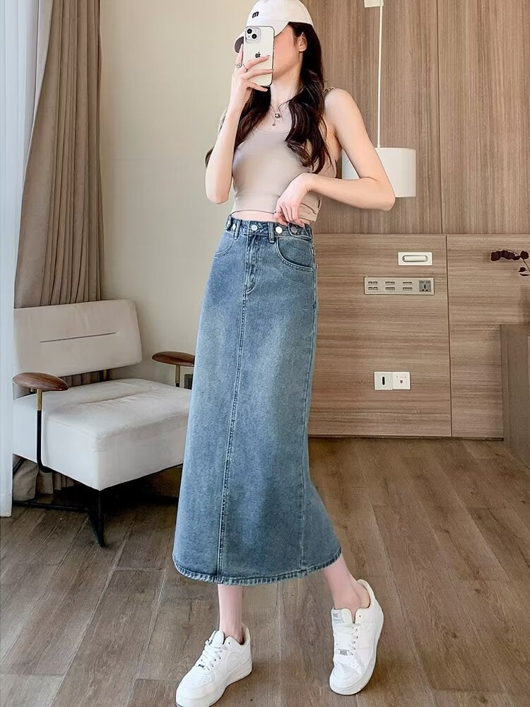 Women Denim Straight Midi Skirts