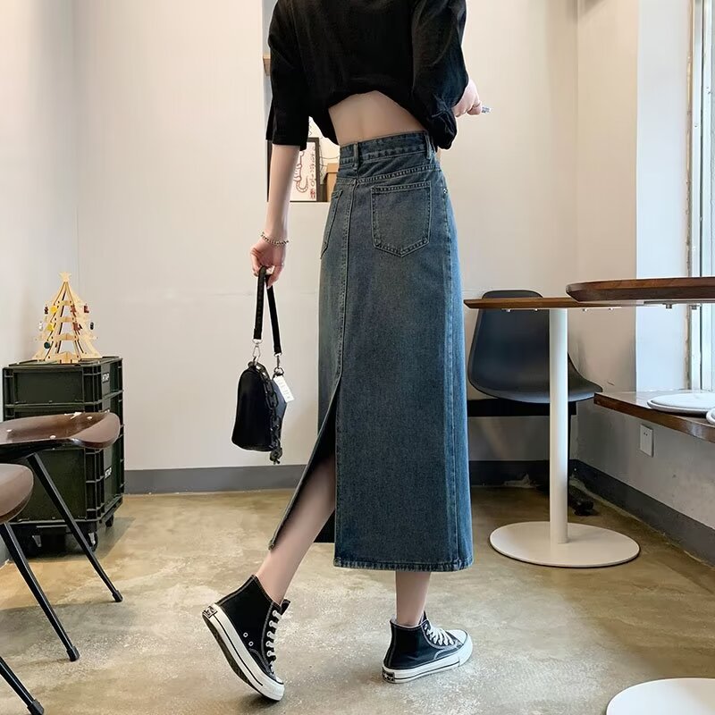 Women Denim Straight Midi Skirts