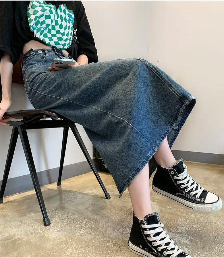 Women Denim Straight Midi Skirts