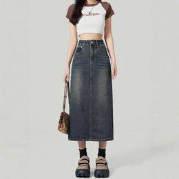 Denim Back-Slit Straight Midi Skirt