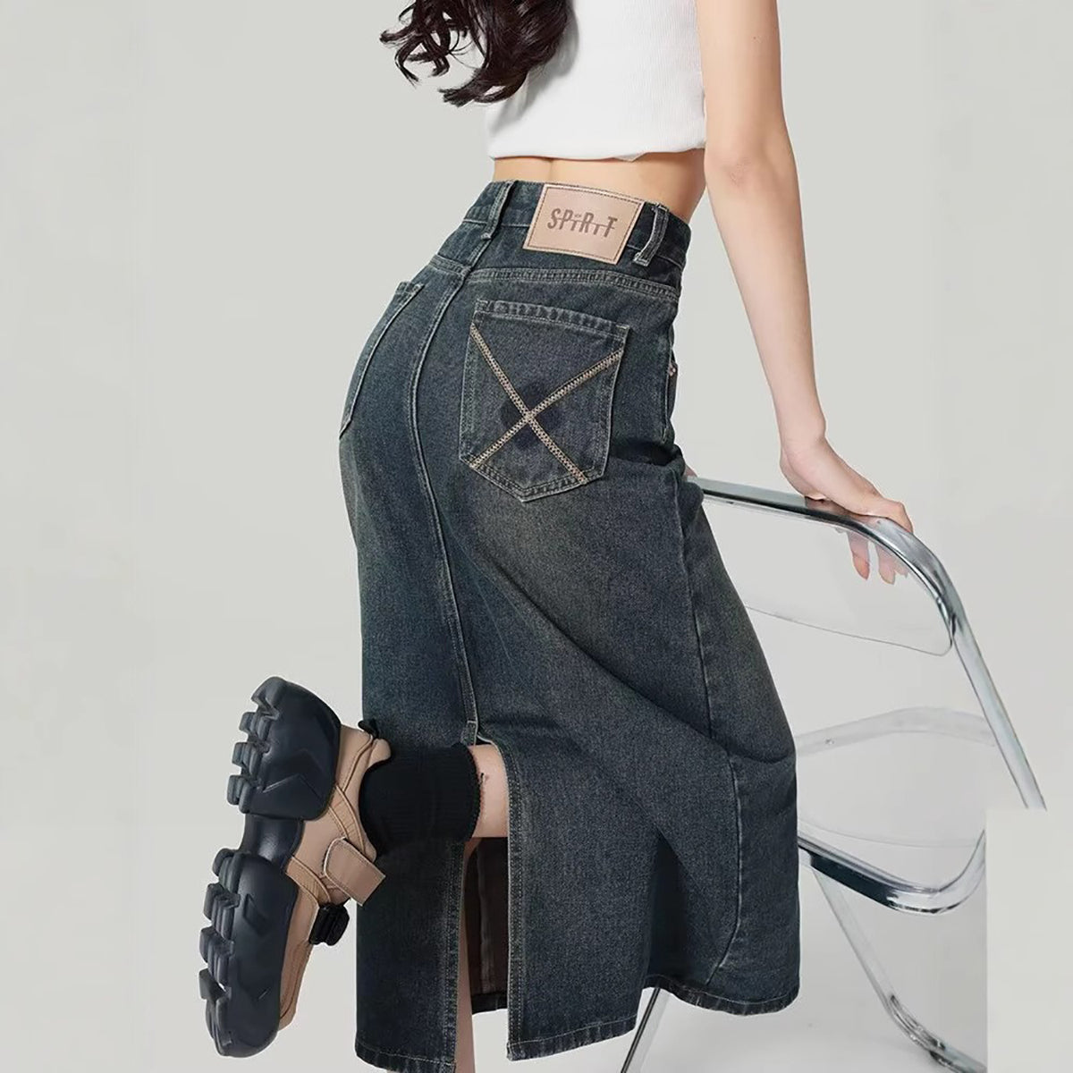 Denim Back-Slit Straight Midi Skirt